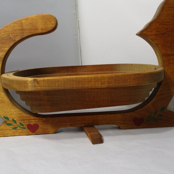 Vintage Folk Art Handcrafted Collapsible Wood Cat Shaped Wooden Basket Bowl - Picture 3 of 10